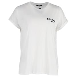 Balmain-Balmain Flocked Logo T-shirt in White Cotton-White
