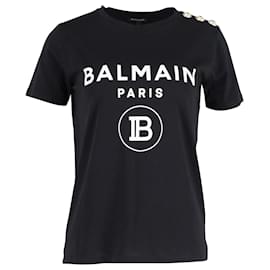 Balmain-Balmain Button-embellished Logo Print T-shirt in Black Cotton-Black