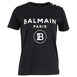 Balmain-Balmain T-Shirt mit Logo-Print und Knopfverzierung aus schwarzer Baumwolle-Schwarz