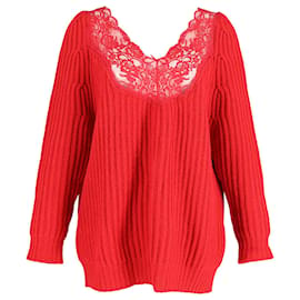 Balenciaga-Balenciaga Underwear Lace Trimmed Ribbed Knit V-neck Sweater in Red Virgin Wool-Red