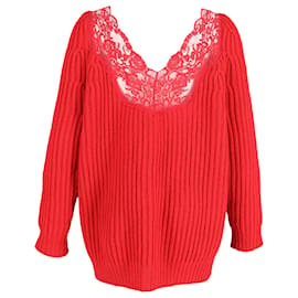 Balenciaga-Balenciaga Suéter de malha canelada com acabamento em renda e decote em V em lã virgem vermelha-Vermelho