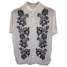 Saint Laurent-Saint Laurent Floral Embroidered Button-up Short Sleeve Shirt in White Cupro-White