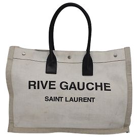Saint Laurent Rive Gauche Logo Print Large Tote Bag in Beige Canvas Beige