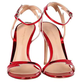 Gianvito Rossi-Gianvito Rossi Sparkle Lightning Motif Ankle Strap Sandals in Red Metallic Leather -Red