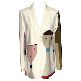 Akris x Girard runway blazer in cream silk with multicolored figurines Multiple colors