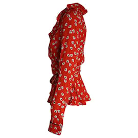Ganni-Ganni Blusa com estampa floral e babados em viscose vermelha-Vermelho