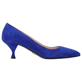 Prada-Prada Sapatos de salto gatinho com bico fino em camurça azul-Azul