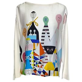 Akris x Girard runway long sleeve top in cream knit with silk front printed with multi-colored figurines  Multiple colors
