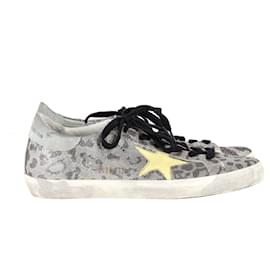 Golden Goose-Golden Goose Super Star Distressed Glittered Leopard-print Trainers in Silver Leather-Silvery