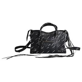 Balenciaga-Balenciaga All Over Logo Print Classic Small City Bag in Black Lambskin Leather-Black