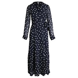 Ganni-Ganni Polka Dot Midi Wrap Dress in Navy Viscose-Blue,Navy blue