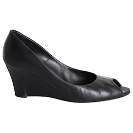 Salvatore Ferragamo-Salvatore Ferragamo Peep-toe Wedge Pumps in Black Leather-Black