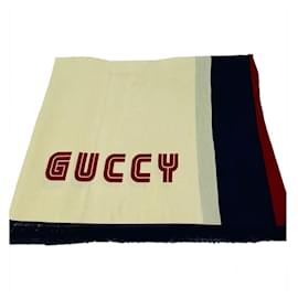 Gucci-GUCCI GUCCI MULTICOLOUR SHAWL WITH A LOGO AND 'WEB' STRIPES-Multiple colors