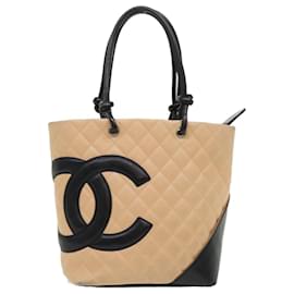 Chanel-CHANEL Cambon Line Sacola Couro Bege CC Auth am4685-Bege