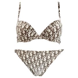 Christian Dior, Bikini-Monogramm-Logo, Zwei Stücke Braun Weiß Beige Aus weiß Hellbraun