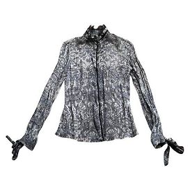Camicetta Elie Tahari in seta stampata con pizzo e velluto Nero Blu Grigio