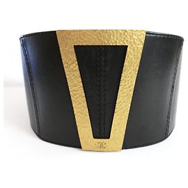 Otoño de la vendimia de Chanel 1994  Cinturón corsé de cuero con hebilla trapezoidal Negro