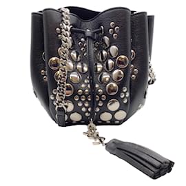 Yves Saint Laurent-Yves Saint Laurent Black Leather Small Bucket Bag with Silver Studs-Black