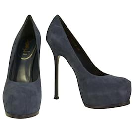 Yves Saint Laurent-NWOB Yves Saint Laurent Blue Suede Tribute Tribtoo Heels Platform Pumps 40 Shoes-Blue