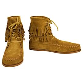 Yves Saint Laurent Saint Laurent Minnetonka lined Fringe Tan Suede High Top Moccassin Bootie 39,5 Camel