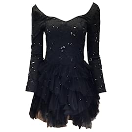 Autre Marque-Leo Lin Black Rhinestone Embellished Mesh Tulle Skirt Floral Lace Mini Dress-Black