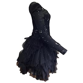 Autre Marque-Leo Lin Black Rhinestone Embellished Mesh Tulle Skirt Floral Lace Mini Dress-Black