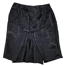 Gucci-Gucci Navy Blue Pleated Detail Silk Satin Jacquard Skirt-Blue