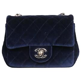 Chanel-Blue mini square velvet 2020 Classic gold hardware single flap-Blue