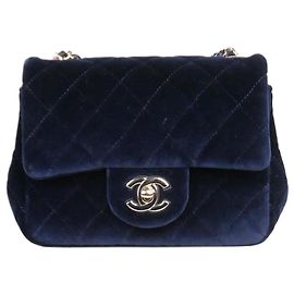 Chanel Velours mini carré bleu 2020 Rabat simple avec ferrures dorées classiques Bleu