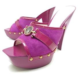 Versace-VERSACE DSF SHOES719Q 39 LEATHER AND SUEDE HEEL SANDALS FUSHIA SHOES-Fuschia
