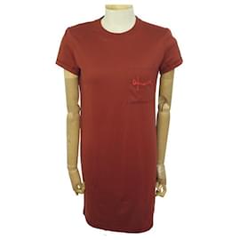 Hermès-NEW HERMES EMBROIDERED POCKET TSHIRT DRESS RED TERRACOTTA S 36 dress-Red