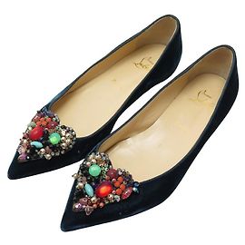 CHRISTIAN LOUBOUTIN SCHUHE DIVA CORA BALLERINAS 38.5 BLAUER SAMTSCHUH Blau