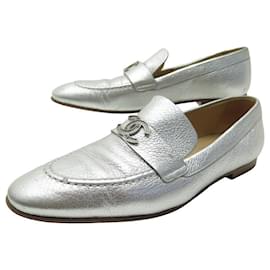 Chanel-CHANEL G SHOES33153 CC LOGO LOAFERS IN SILVER LEATHER 38.5 Loafers-Silvery