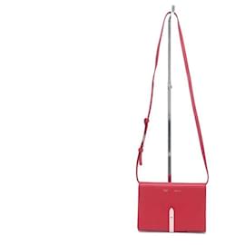 Céline-CELINE WALLET ON STRAP SHOULDER BAG RED GRAIN LEATHER RED CLUTCH-Red