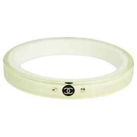 Chanel-CHANEL CC Logo Bangle Bracelet In Clear & White Resin with rhinestones-White