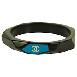 Chanel-Bracelet jonc CHANEL CC Logo en résine noire avec fond sarcelle manchette géométrique-Noir