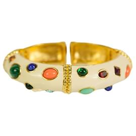 Kenneth Jay Lane-KENNETH JAY LANE Enamel Cuff Bracelet in Off White with multi color cabochons-Multiple colors