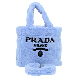 Prada-PRADA Terry Hand Bag 2way Light Blue Black Auth 47188a-Black,Light blue
