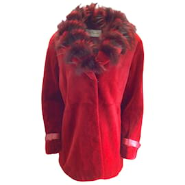 Guy Laroche-Guy Laroche Red Fox Fur Trimmed Shawl Collar Sheared Mink Fur Jacket-Red