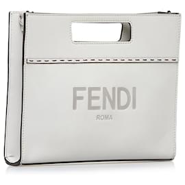Fendi-Fendi White Mini Logo Debossed Shopper Bag-White