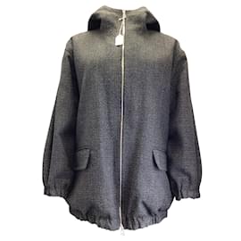 Autre Marque-Plan C Black / white / Grey Hooded Full Zip Woven Wool Tweed Padded Coat-Black