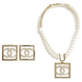 Chanel-23P set CC in square XL Necklace earrings-Golden