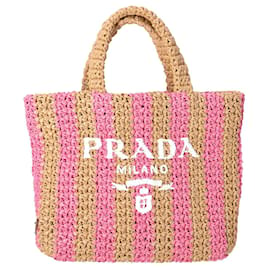 Prada-Prada 2022 Small Striped Tote in Pink/Natural Raffia-Multiple colors
