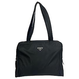 Prada-Prada Triangle Logo Black Nylon Tote Plain Handbag-Black