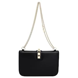 Valentino Garavani-Valentino Garavani Glam Lock Shoulder Bag Small in Black Leather-Black