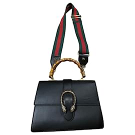 Gucci-Gucci Medium Dionysus Bamboo Top Handle Bag in Black Leather-Black