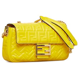 Fendi-Fendi Baguette Midi En Relief Zucca Jaune-Jaune