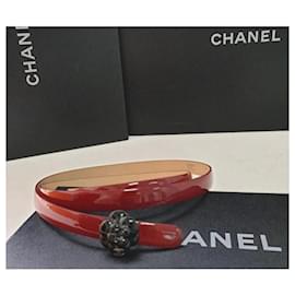 Chanel-Chanel Red Patent Leather Camellia Skinny Belt-Dark red