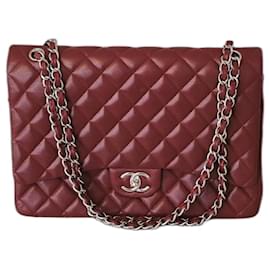 Chanel-Chanel Maxi Burgundy Caviar Quilted Leather lined Flap Maxi with Silver Hardware-Dark red