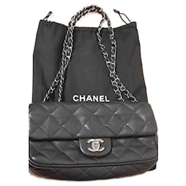 Chanel-Chanel Black grained calf leather  mini rectangle classic flap bag with silver hardware-Black